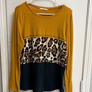 Stylish Mustard and Black Leopard Print Long Sleeve Top